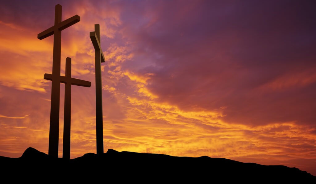 Three crosses on the mountain Golgotha representing the day of Christs crucifixion